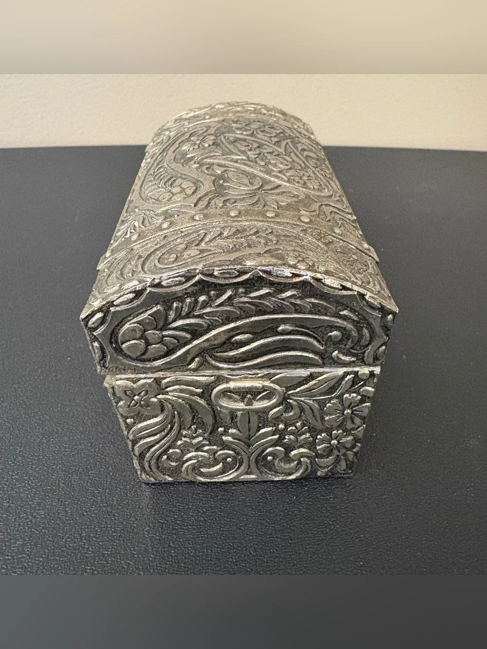 Decorative Silver-Tone Paisley Trinket Box with Red Interior